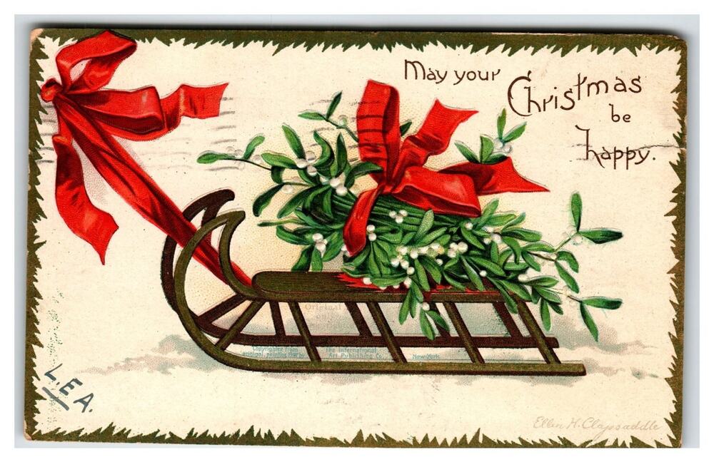 Ellen H. Clapsaddle Christmas Mistletoe Sled Postcard 1906 Posted